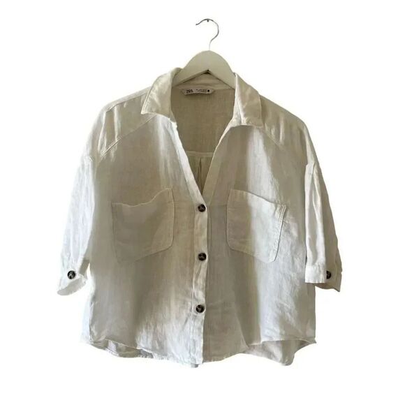 ZARA White Linen Blend Crop Button Up Shirt Boxy Minimalist Bohemian SZ L #1675 - Picture 2 of 14